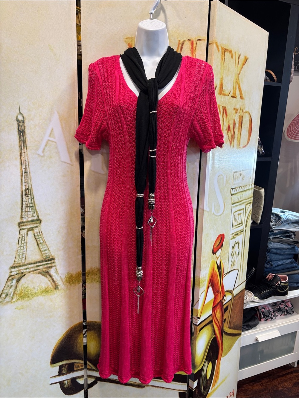 Etcetera Hot Pink Knit Midi Dress with Black Scarf